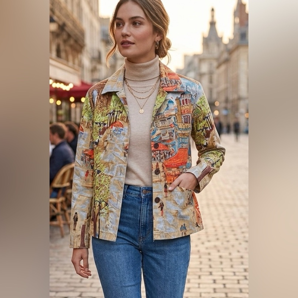 Vintage Life Style Parisian scene Printed Cotton Blazer Size Small